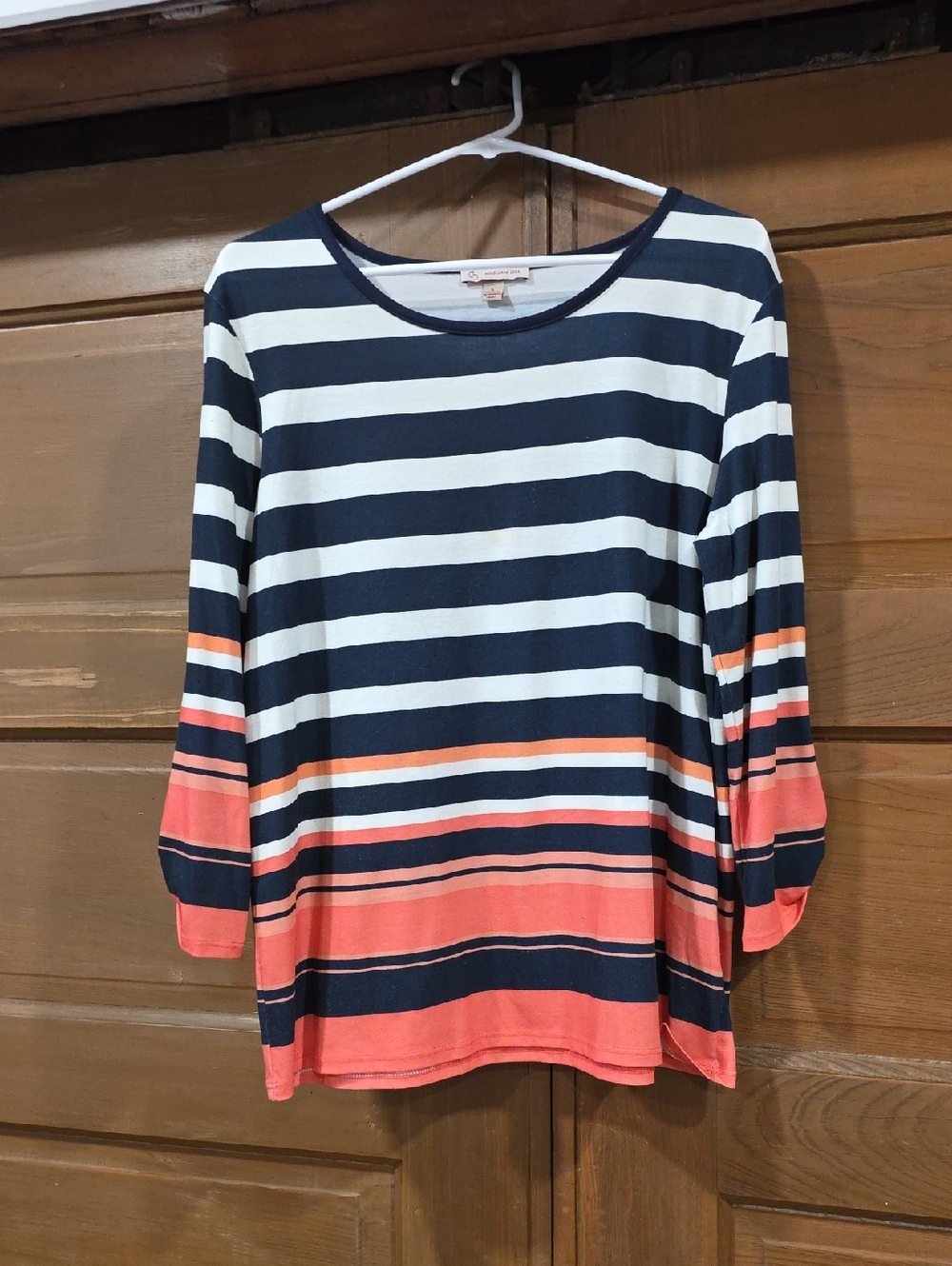 Striped Scoop-Neck Long Sleeve Top - Navy, Cream & Coral